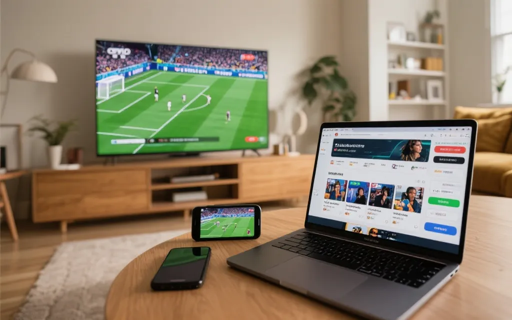 客厅电视播放足球比赛，手机与笔记本作为多端联动观看工具