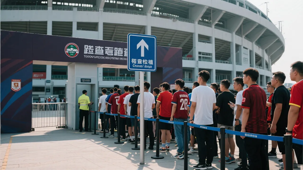 赛日前球迷在指示牌下有序排队入场的动线示意