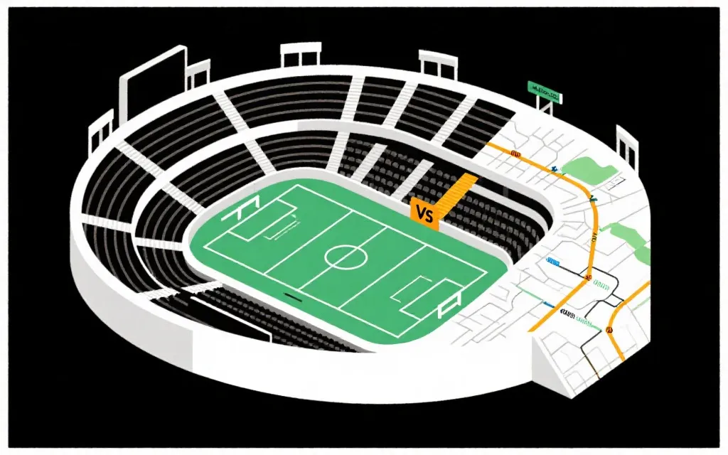 球场座位与城市交通线路的组合示意图，体现门票与交通住宿成本的整体规划
