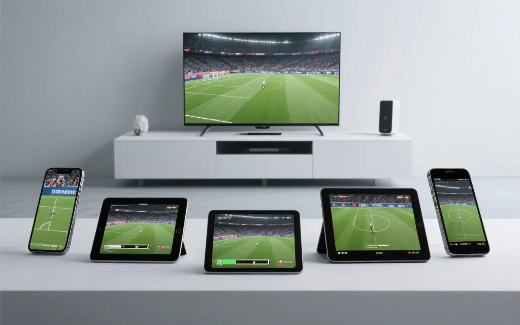 多设备观看足球赛事的对比场景：电视、手机、平板，突出清晰度与稳定连接