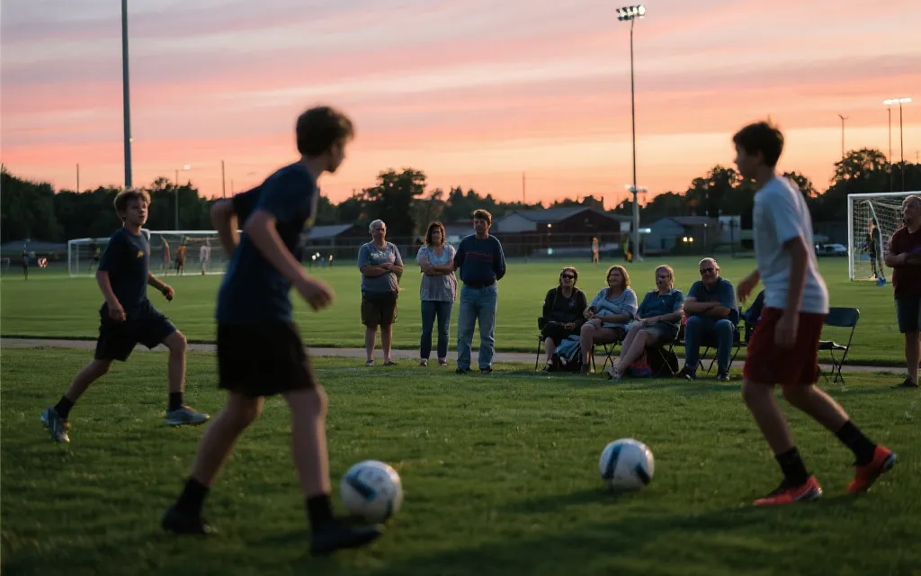 社区球场上的青少年训练与家庭观赛场景